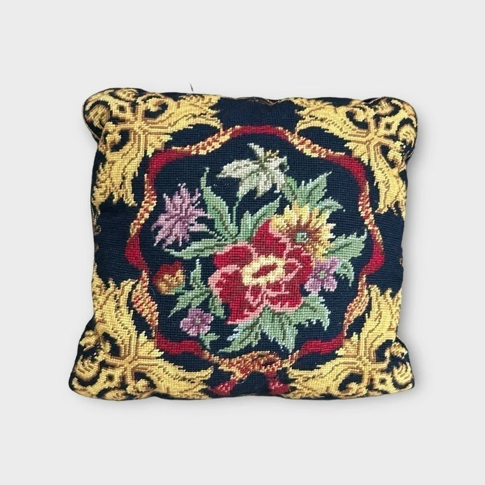 Vintage Needlepoint Floral pillow Blue Velvet Back 12 x 12